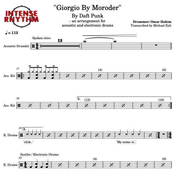 Giorgio by Moroder - Daft Punk - Full Drum Transcription / Drum Sheet Music - Intense Rhythm Drum Studios