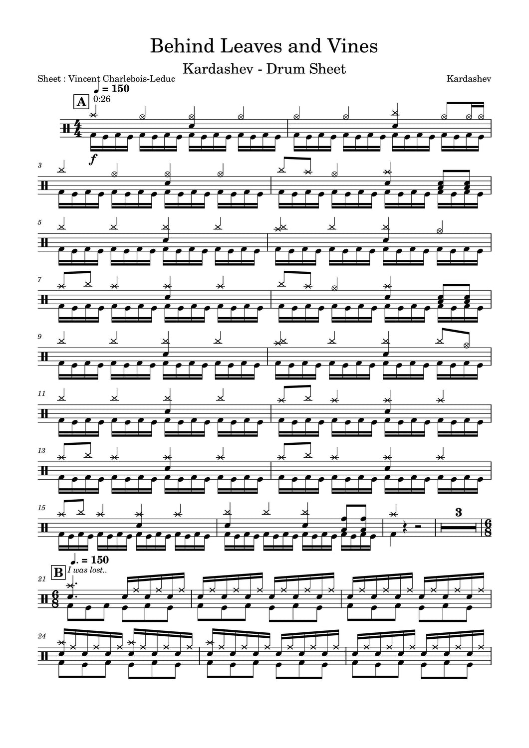Behind Leaves and Vines - Kardashev - Full Drum Transcription / Drum Sheet Music - Vince’s Scores