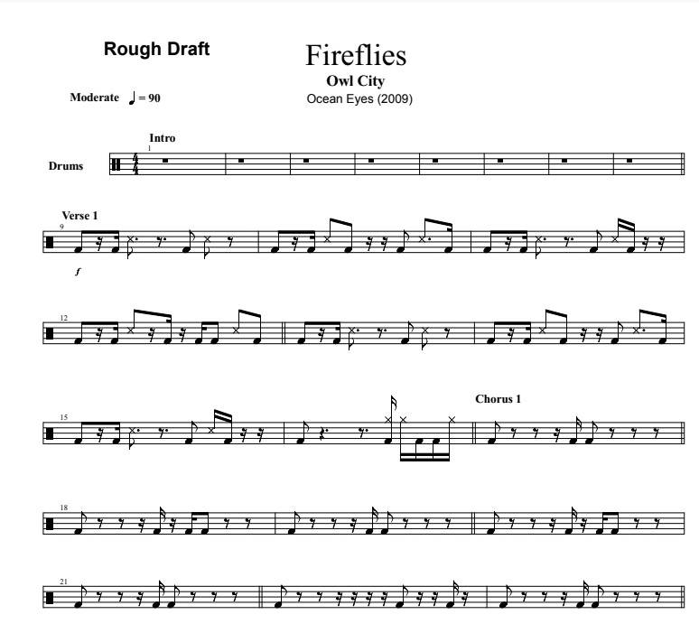 Fireflies - Owl City - Rough Draft Drum Transcription / Drum Sheet Music - DrumSetSheetMusic.com