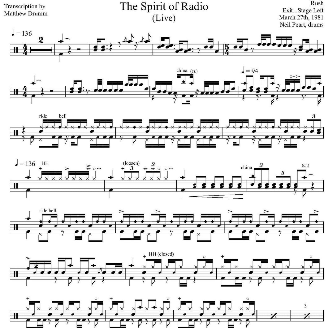 The Spirit of Radio (Live in Montreal 1981 on Moving Pictures Tour from Exit...Stage Left) - Rush - Full Drum Transcription / Drum Sheet Music - Drumm Transcriptions