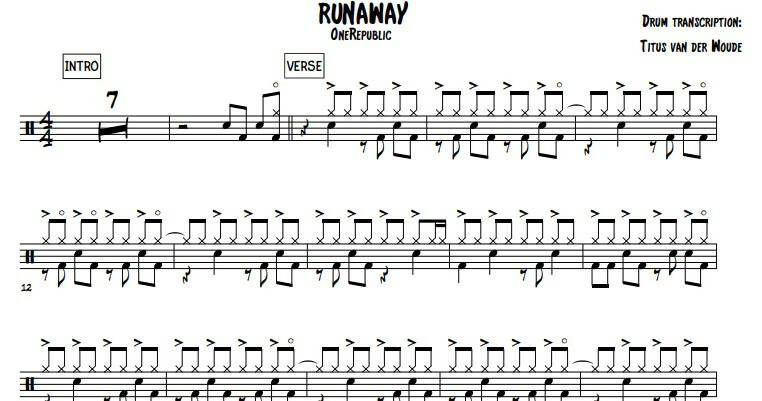 Runaway Onerepublic Drum Sheet Music Titus Van Der Woude Drumsetsheetmusic 9523