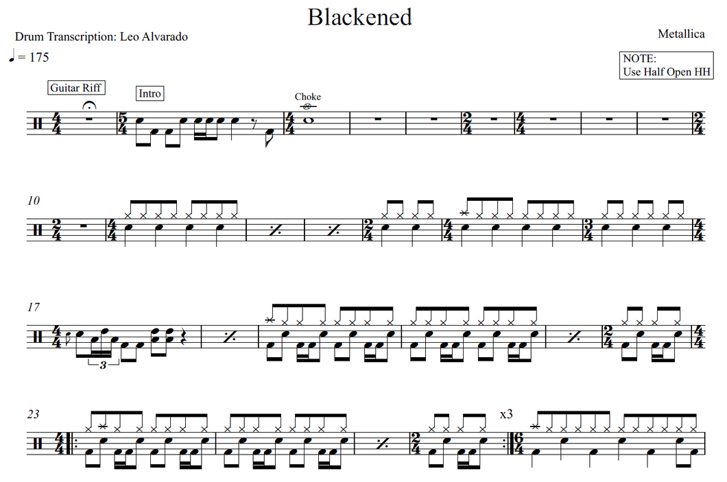 Blackened - Metallica - Full Drum Transcription / Drum Sheet Music - Leo Alvarado