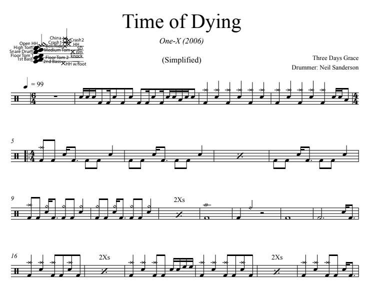 Time of Dying - Three Days Grace - Simplified Drum Transcription / Drum Sheet Music - DrumSetSheetMusic.com