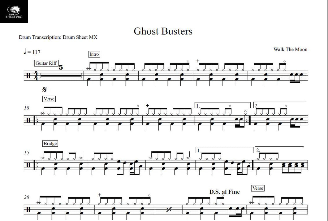 Ghost Busters - Walk the Moon - Full Drum Transcription / Drum Sheet Music - Drum Sheet MX
