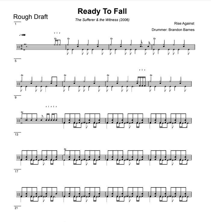 Ready to Fall - Rise Against - Rough Draft Drum Transcription / Drum Sheet Music - DrumSetSheetMusic.com