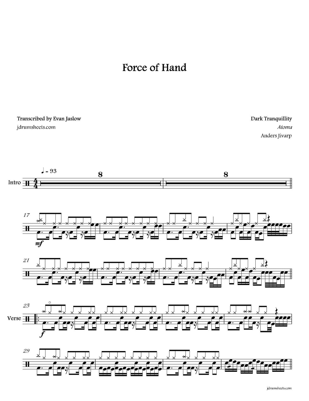 Force of Hand - Dark Tranquillity - Full Drum Transcription / Drum Sheet Music - Jaslow Drum Sheets