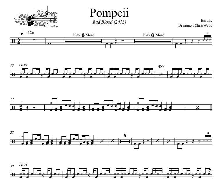 Pompeii - Bastille - Full Drum Transcription / Drum Sheet Music - DrumSetSheetMusic.com