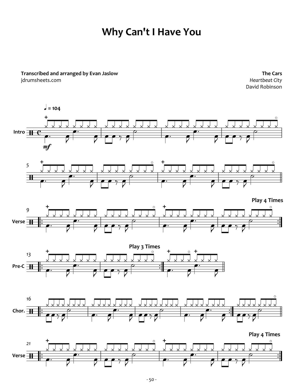 Why Can't I Have You - The Cars - Full Drum Transcription / Drum Sheet Music - Jaslow Drum Sheets