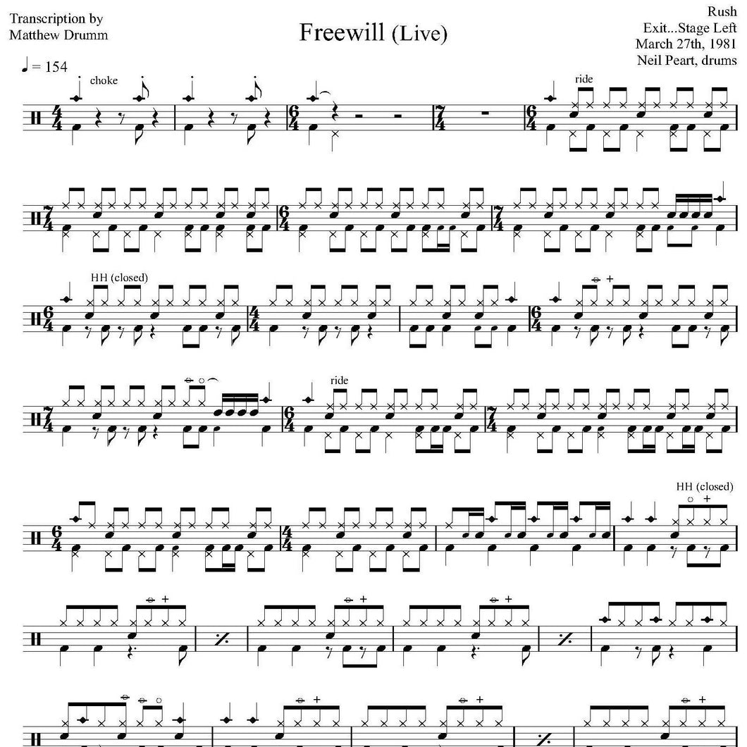 Freewill (Live in Montreal 1981 on Moving Pictures Tour from Exit...Stage Left) - Rush - Full Drum Transcription / Drum Sheet Music - Drumm Transcriptions