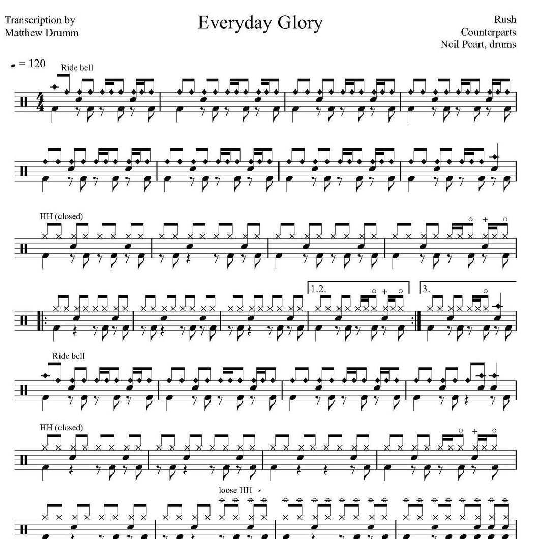 Everyday Glory - Rush - Collection of Drum Transcriptions / Drum Sheet Music - Drumm Transcriptions
