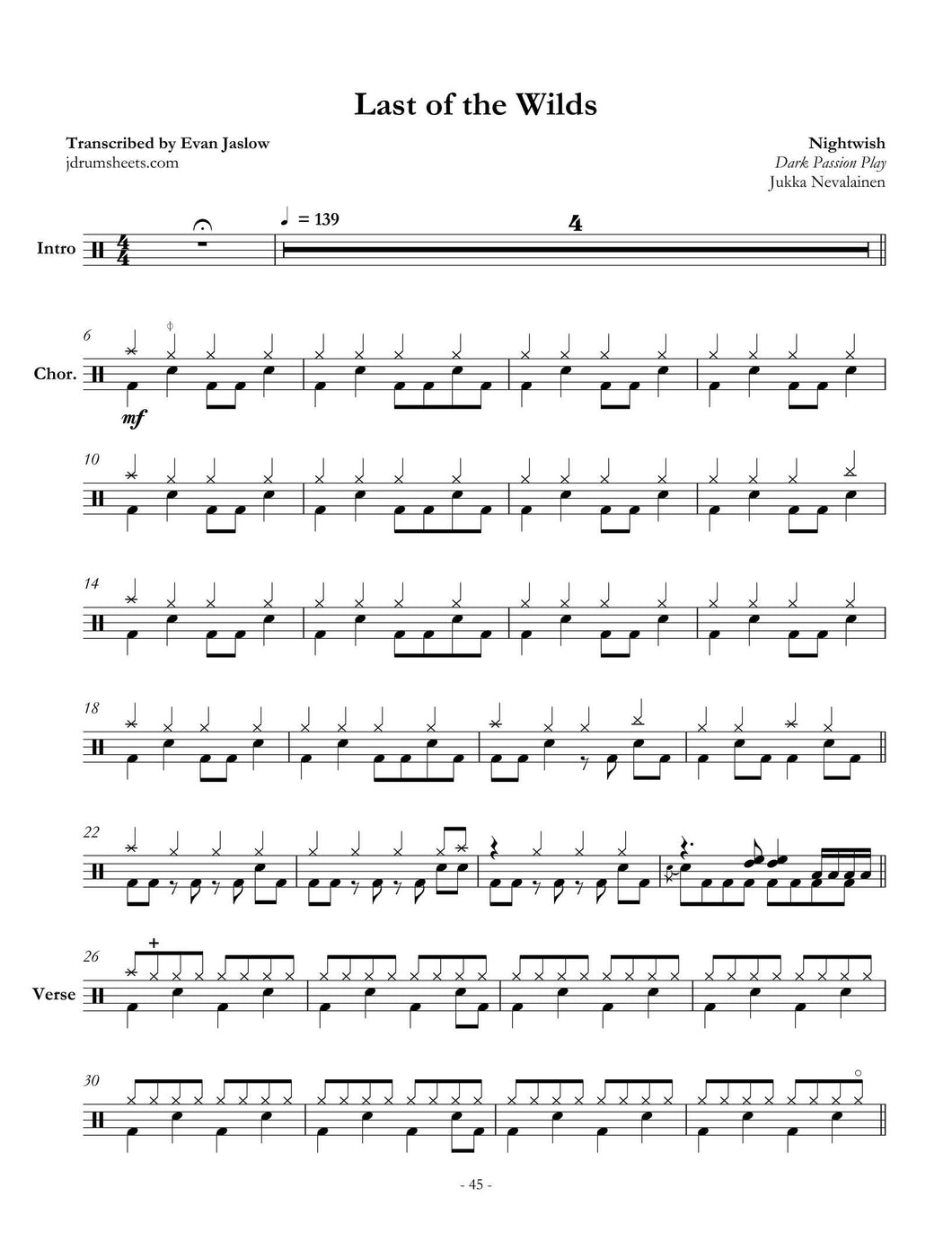 Last of the Wilds - Nightwish - Full Drum Transcription / Drum Sheet Music - Jaslow Drum Sheets