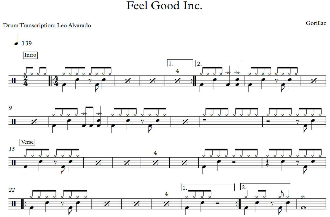 Feel Good Inc. (feat. De La Soul) - Gorillaz - Full Drum Transcription / Drum Sheet Music - Leo Alvarado