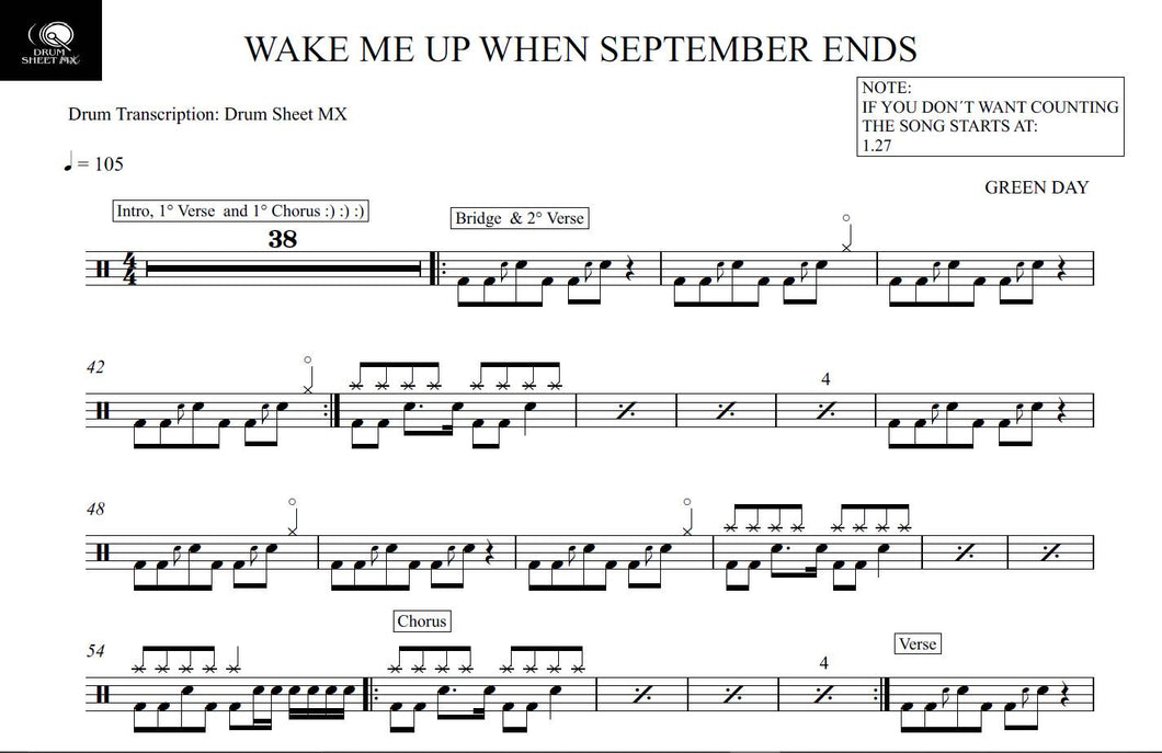 Wake Me Up When September Ends - Green Day - Full Drum Transcription / Drum Sheet Music - Drum Sheet MX