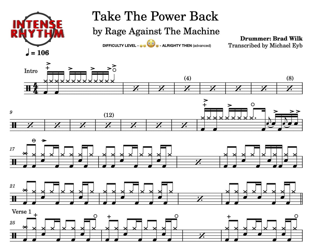 Take the Power Back - Rage Against the Machine - Full Drum Transcription / Drum Sheet Music - Intense Rhythm Drum Studios