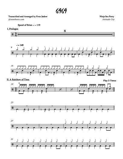 6969 - Ninja Sex Party - Full Drum Transcription / Drum Sheet Music - Jaslow Drum Sheets