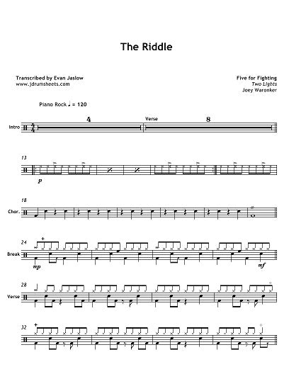 The Riddle - Five for Fighting - Full Drum Transcription / Drum Sheet Music - Jaslow Drum Sheets