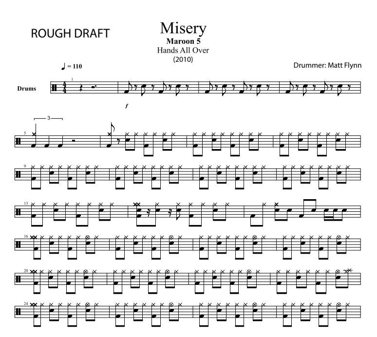 Misery - Maroon 5 - Rough Draft Drum Transcription / Drum Sheet Music - DrumSetSheetMusic.com