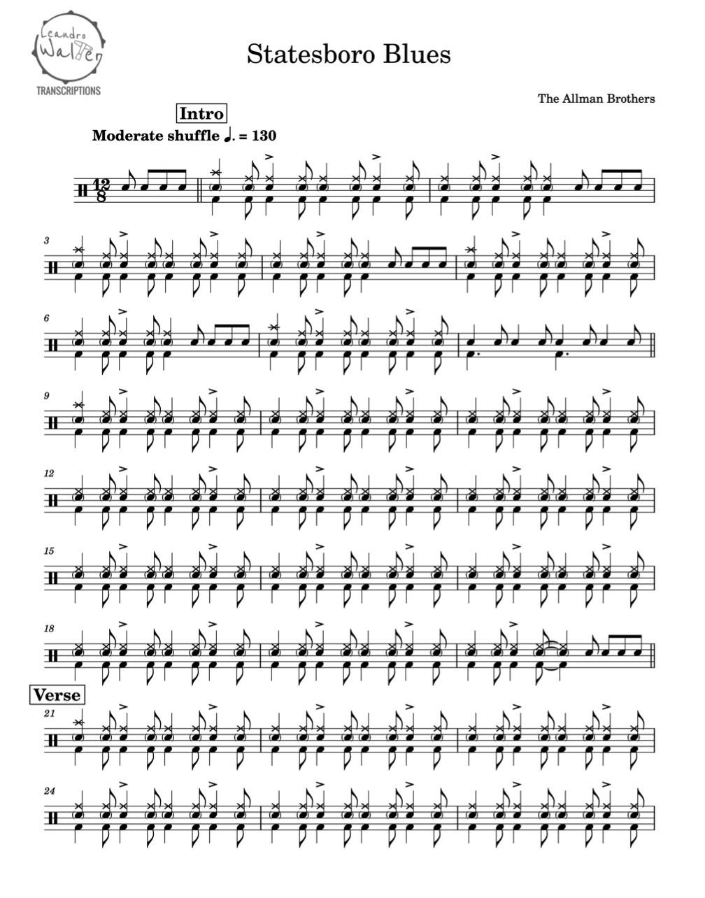 Statesboro Blues - The Allman Brothers Band - Full Drum Transcription / Drum Sheet Music - Percunerds Transcriptions