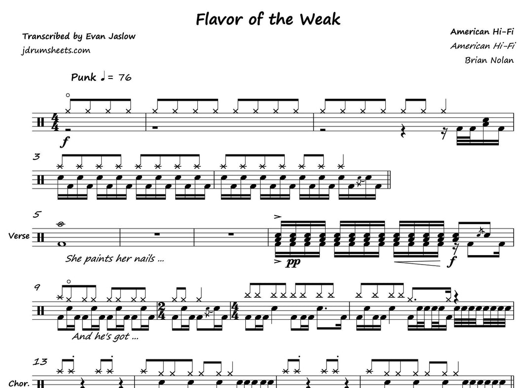 Flavor of the Weak - American Hi Fi - Full Drum Transcription / Drum Sheet Music - Jaslow Drum Sheets