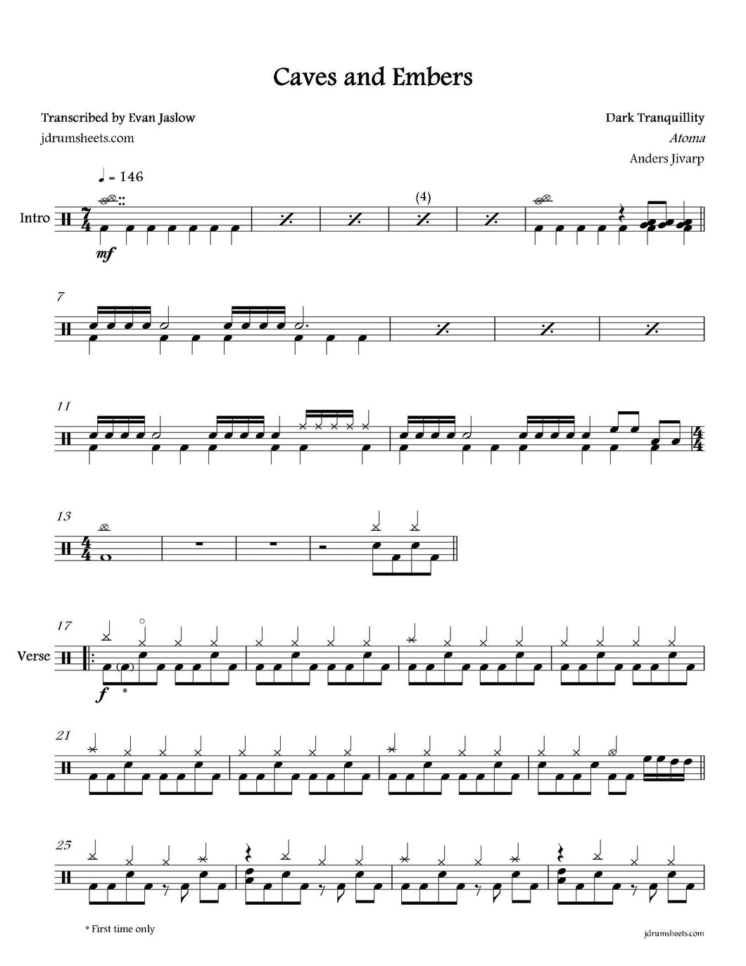 Caves and Embers - Dark Tranquillity - Full Drum Transcription / Drum Sheet Music - Jaslow Drum Sheets