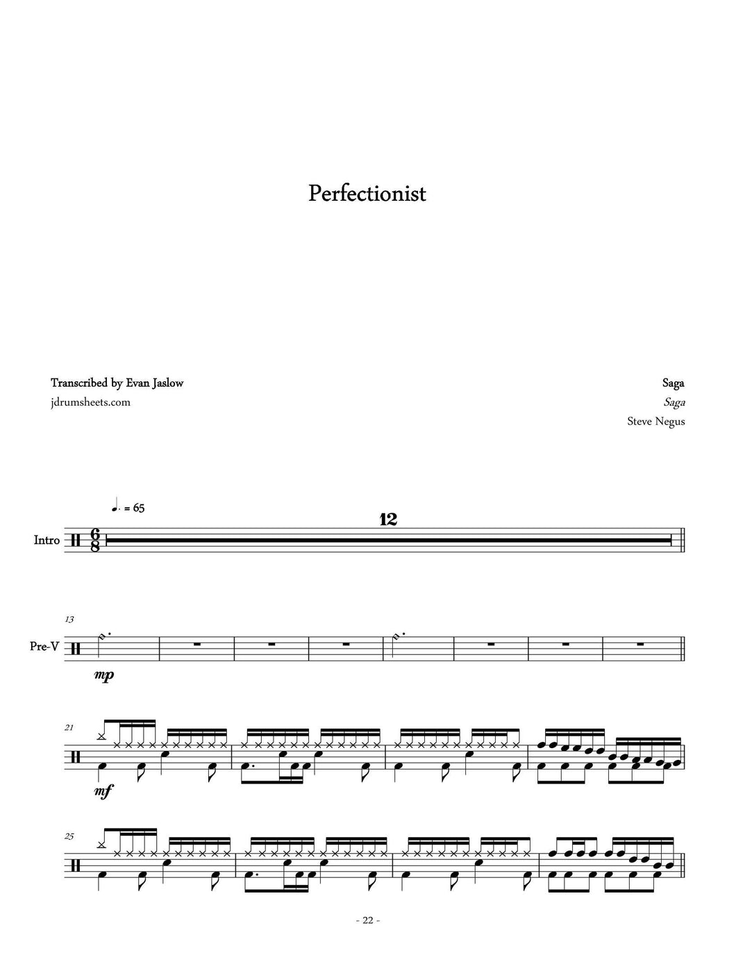 Perfectionist - Saga - Full Drum Transcription / Drum Sheet Music - Jaslow Drum Sheets