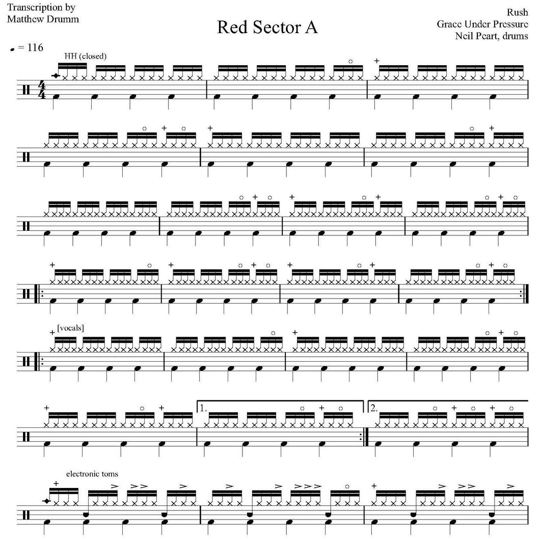 Red Sector A - Rush - Collection of Drum Transcriptions / Drum Sheet Music - Drumm Transcriptions