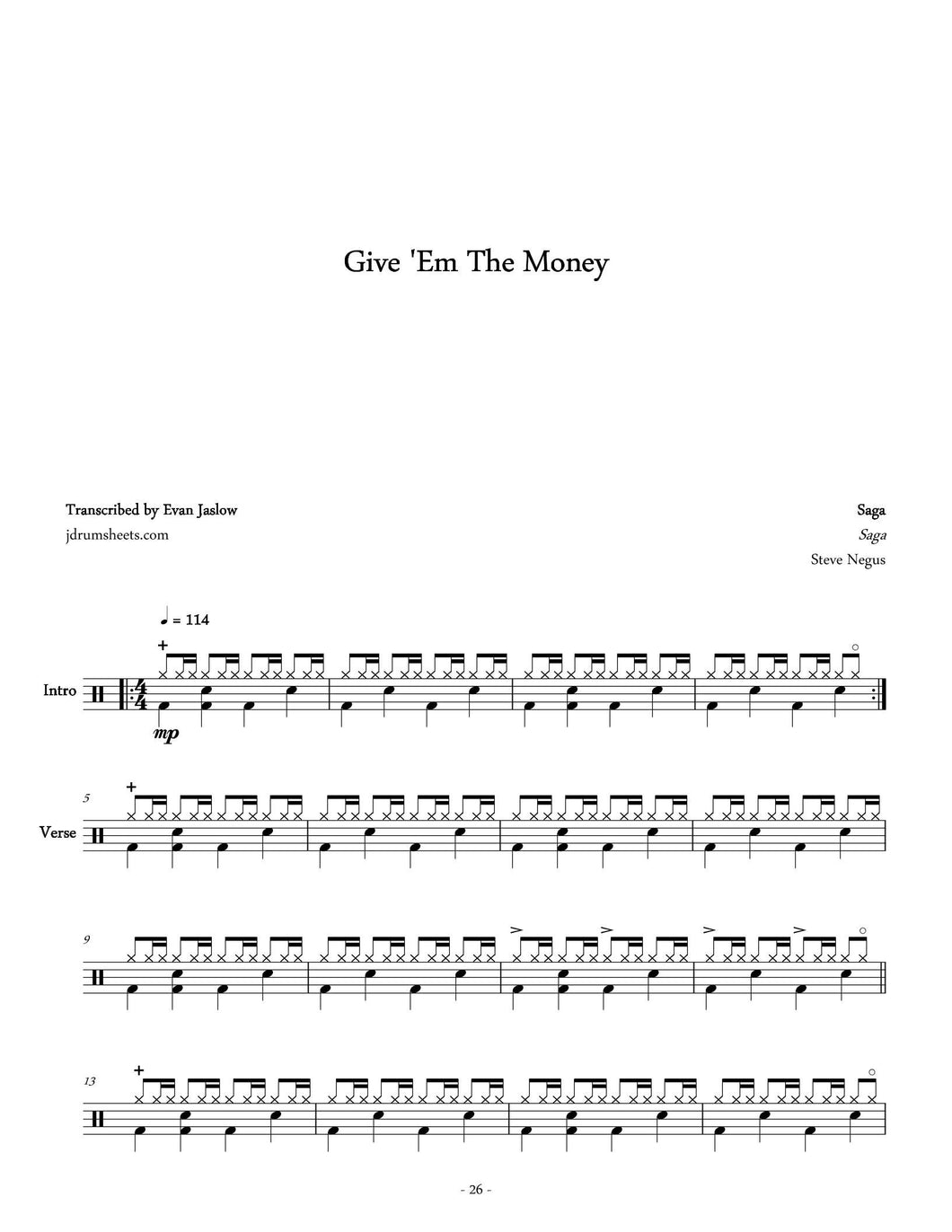 Give 'Em the Money - Saga - Full Drum Transcription / Drum Sheet Music - Jaslow Drum Sheets