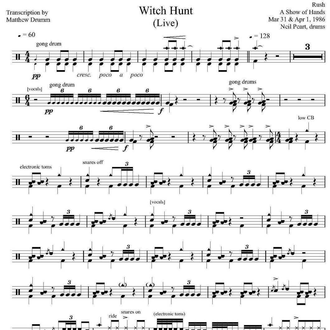 Witch Hunt (Part III of Fear) (Live in New Jersey 1986 on Power Windows Tour from a Show of Hands) - Rush - Collection of Drum Transcriptions / Drum Sheet Music - Drumm Transcriptions