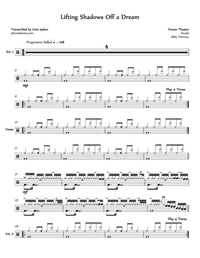Lifting Shadows Off a Dream - Dream Theater - Full Drum Transcription / Drum Sheet Music - Jaslow Drum Sheets
