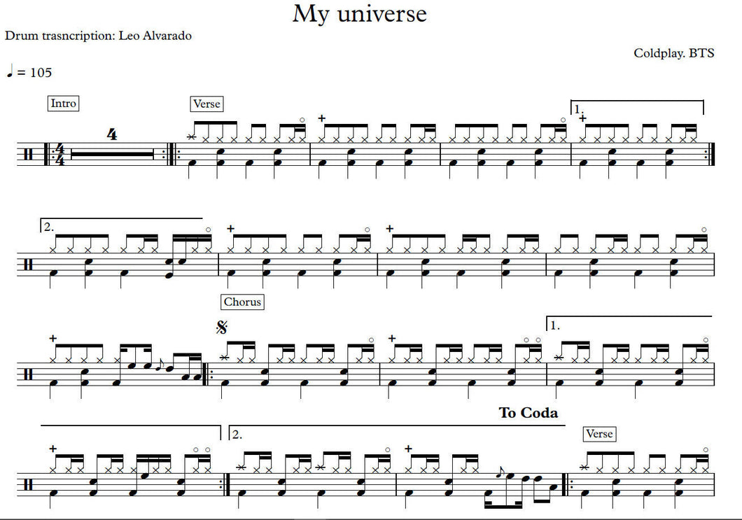 My Universe (feat. BTS 방탄소년단) - Coldplay - Full Drum Transcription / Drum Sheet Music - Leo Alvarado