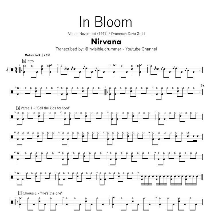 In Bloom - Nirvana - Full Drum Transcription / Drum Sheet Music - Smdrums