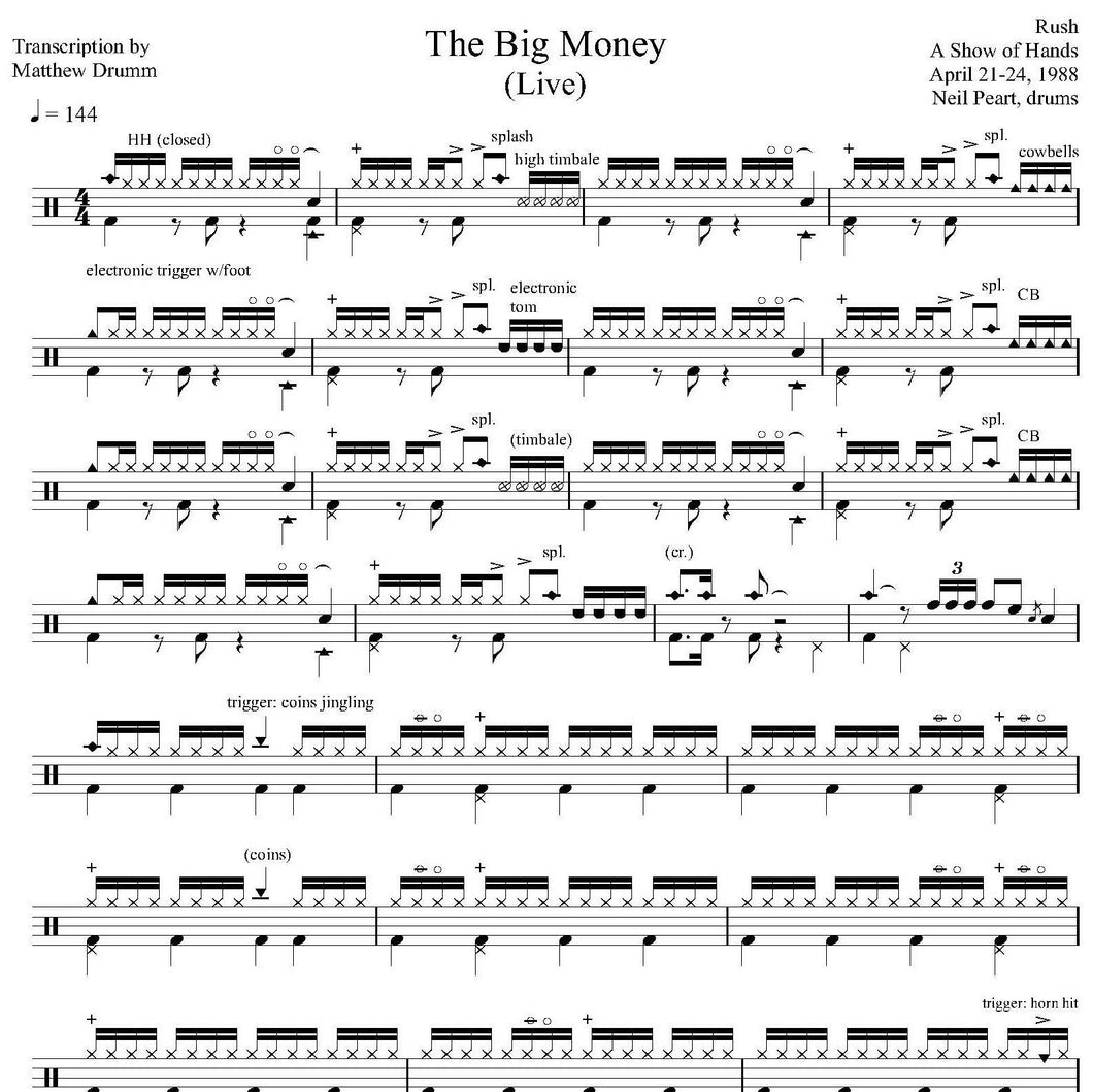 The Big Money (Live in Birmingham 1988 on Hold Your Fire Tour from a Show of Hands) - Rush - Full Drum Transcription / Drum Sheet Music - Drumm Transcriptions