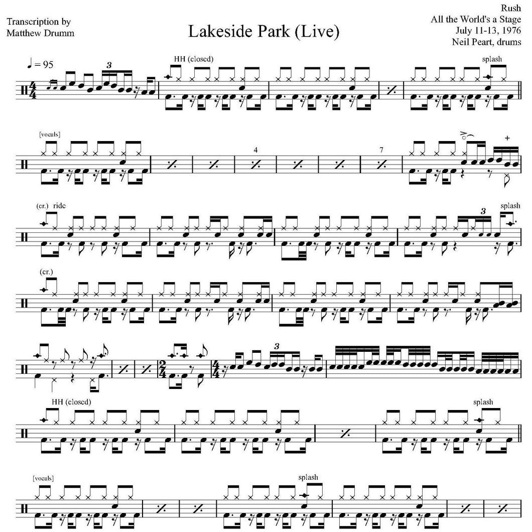 Lakeside Park (Live in Toronto 1976 on 2112 Tour from All the World's a Stage) - Rush - Full Drum Transcription / Drum Sheet Music - Drumm Transcriptions