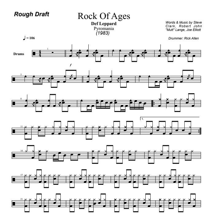 Rock of Ages - Def Leppard - Rough Draft Drum Transcription / Drum Sheet Music - DrumSetSheetMusic.com