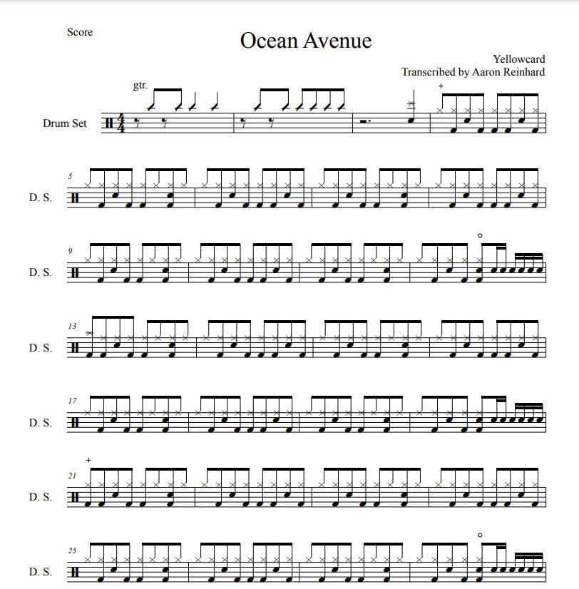 Ocean Avenue Yellowcard Drum Sheet Music Aaron Reinhard