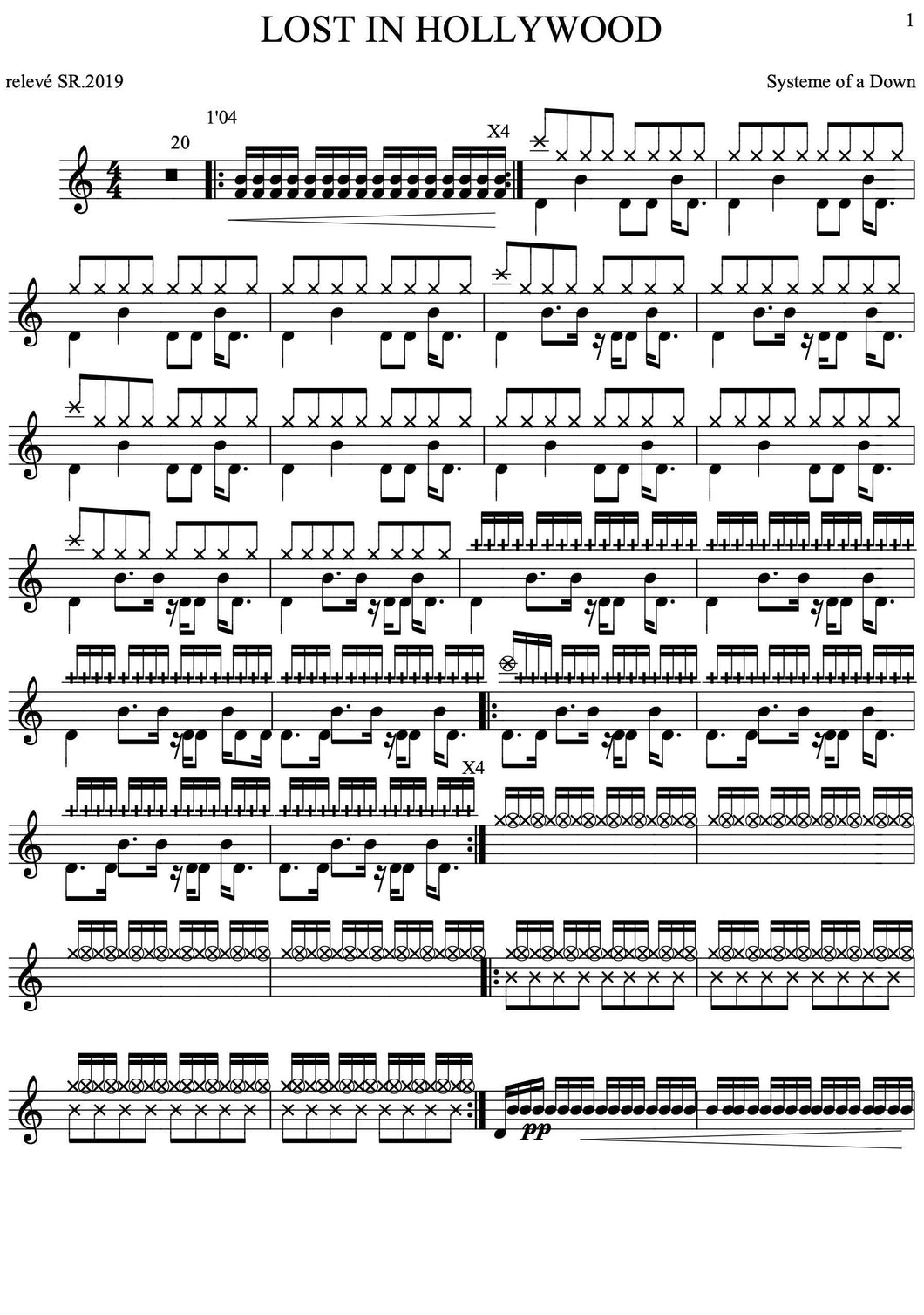 Lost in Hollywood - System of a Down - Full Drum Transcription / Drum Sheet Music - Rossoni