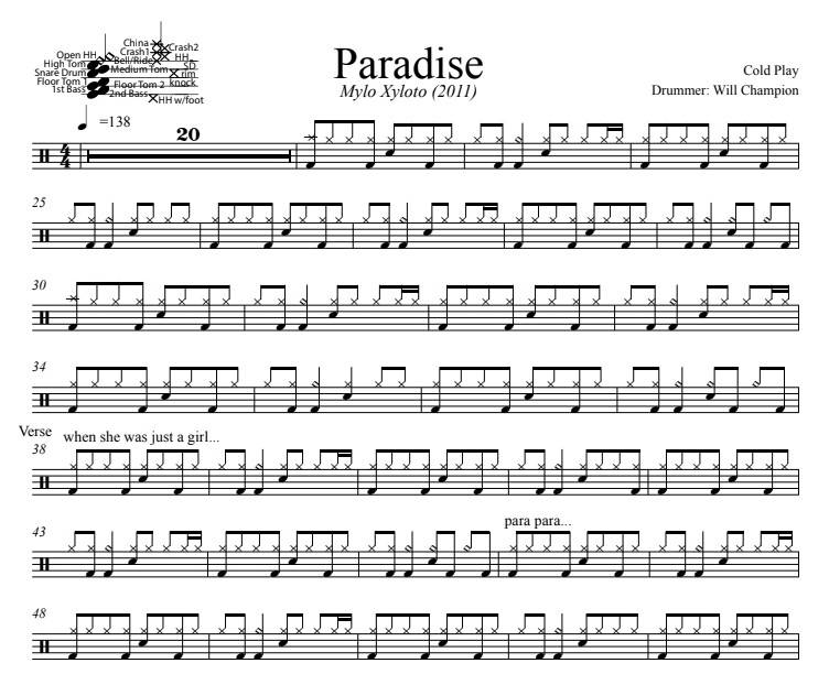 Paradise - Coldplay - Full Drum Transcription / Drum Sheet Music - DrumSetSheetMusic.com