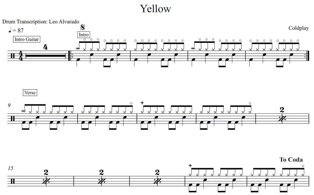 Yellow - Coldplay - Full Drum Transcription / Drum Sheet Music - Leo Alvarado