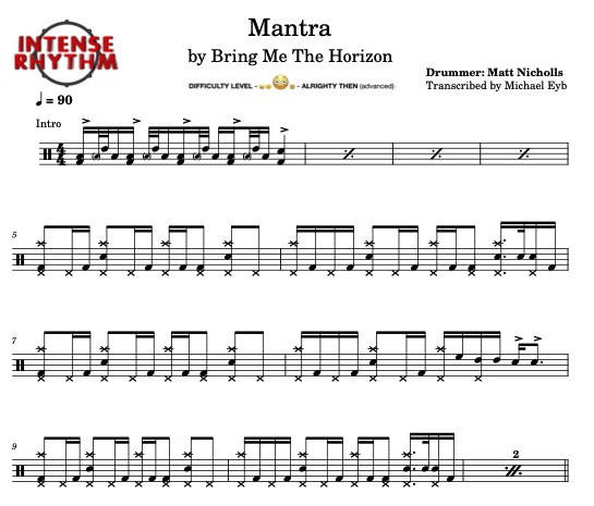 Mantra - Bring Me the Horizon - Full Drum Transcription / Drum Sheet Music - Intense Rhythm Drum Studios