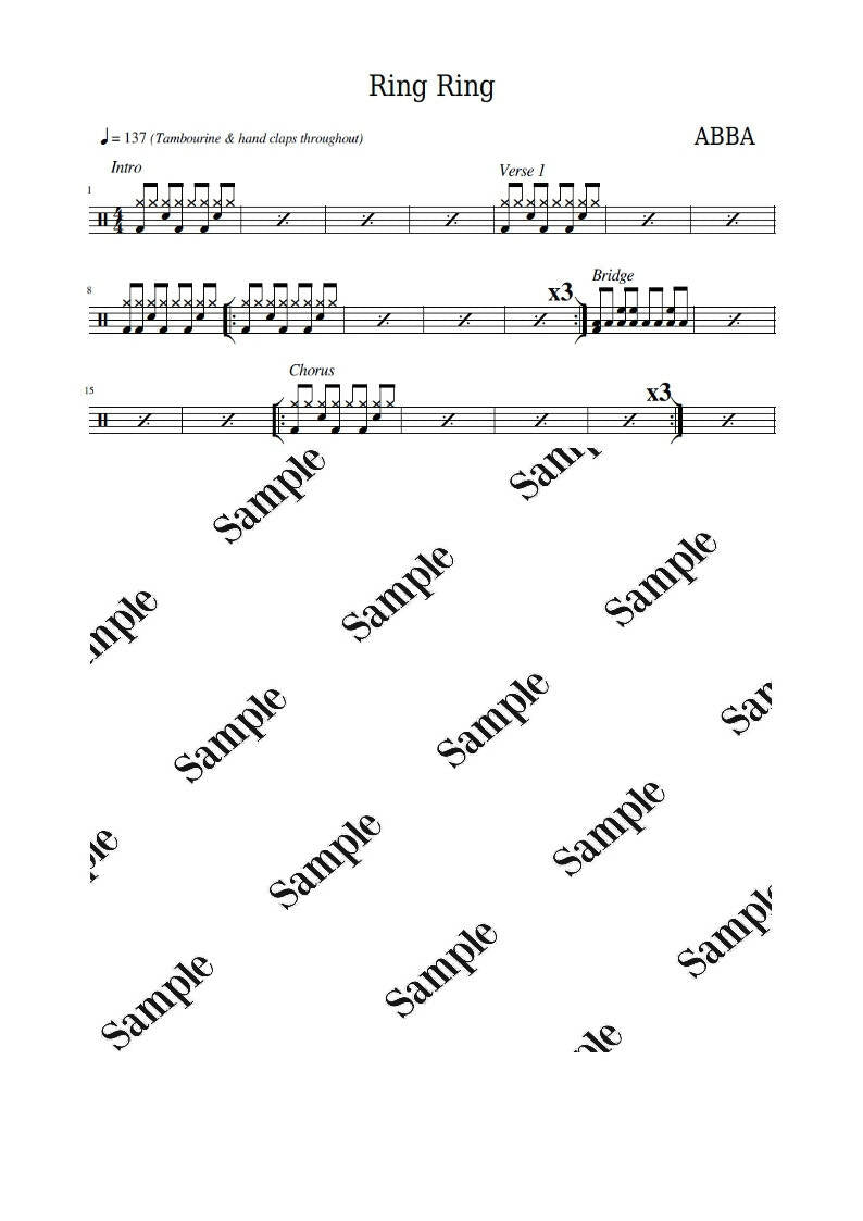 Ring Ring - ABBA - Full Drum Transcription / Drum Sheet Music - KiwiDrums
