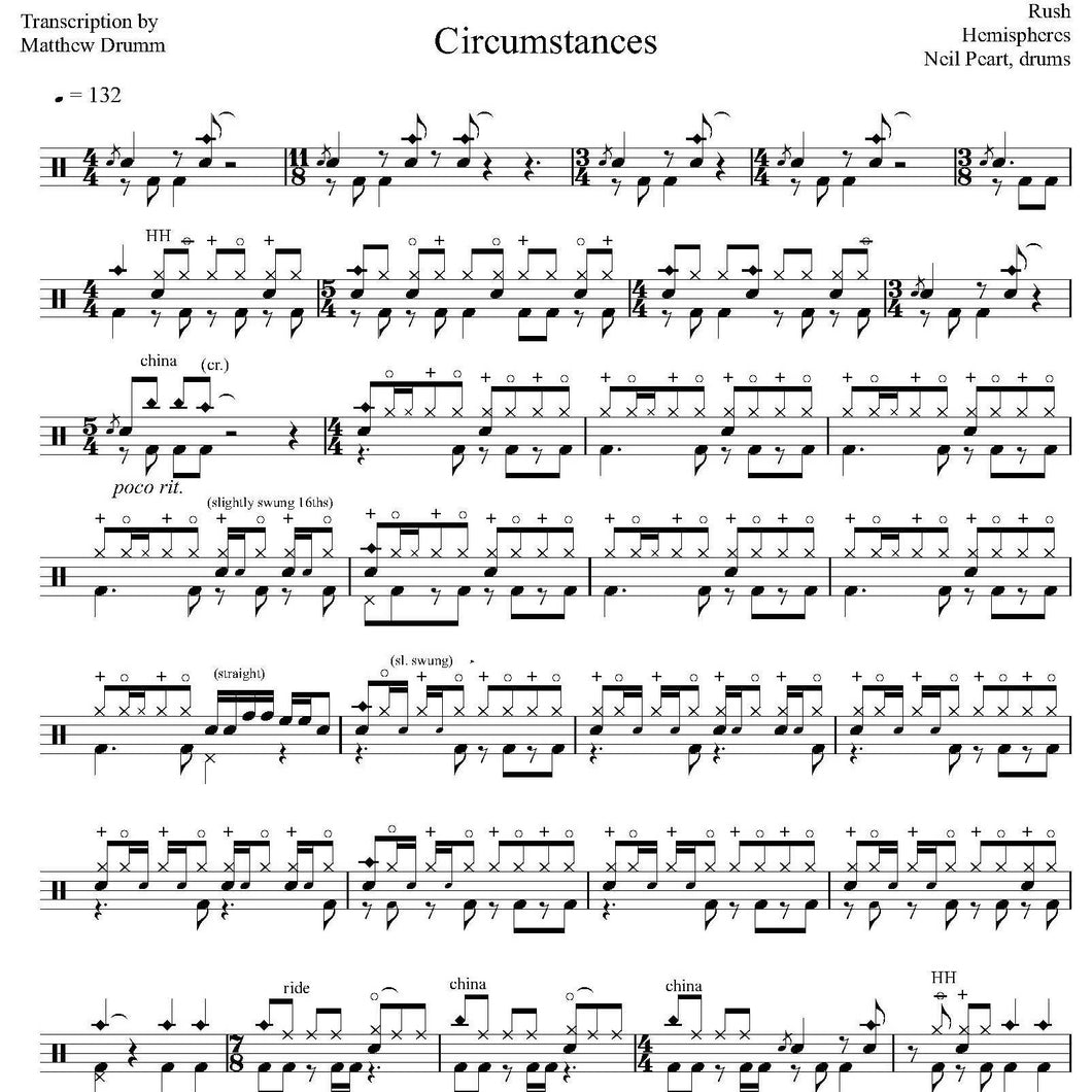 Circumstances - Rush - Full Drum Transcription / Drum Sheet Music - Drumm Transcriptions