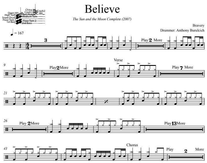 Believe - Bravery - Full Drum Transcription / Drum Sheet Music - DrumSetSheetMusic.com