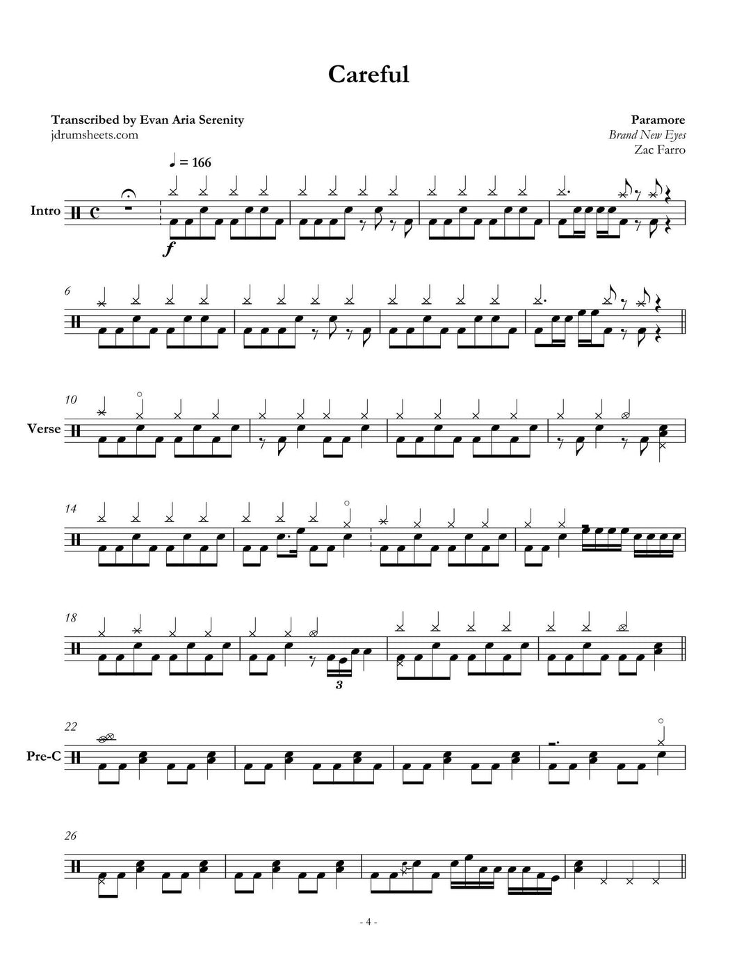 Careful - Paramore - Full Drum Transcription / Drum Sheet Music - Jaslow Drum Sheets