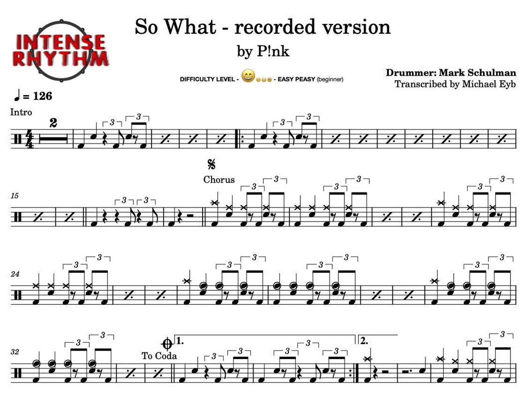 So What - Pink - Full Drum Transcription / Drum Sheet Music - Intense Rhythm Drum Studios