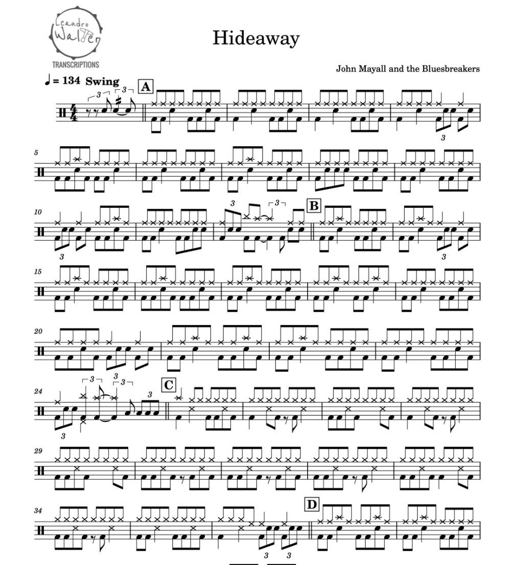 Hideaway - John Mayall and the Bluesbreakers - Full Drum Transcription / Drum Sheet Music - Percunerds Transcriptions