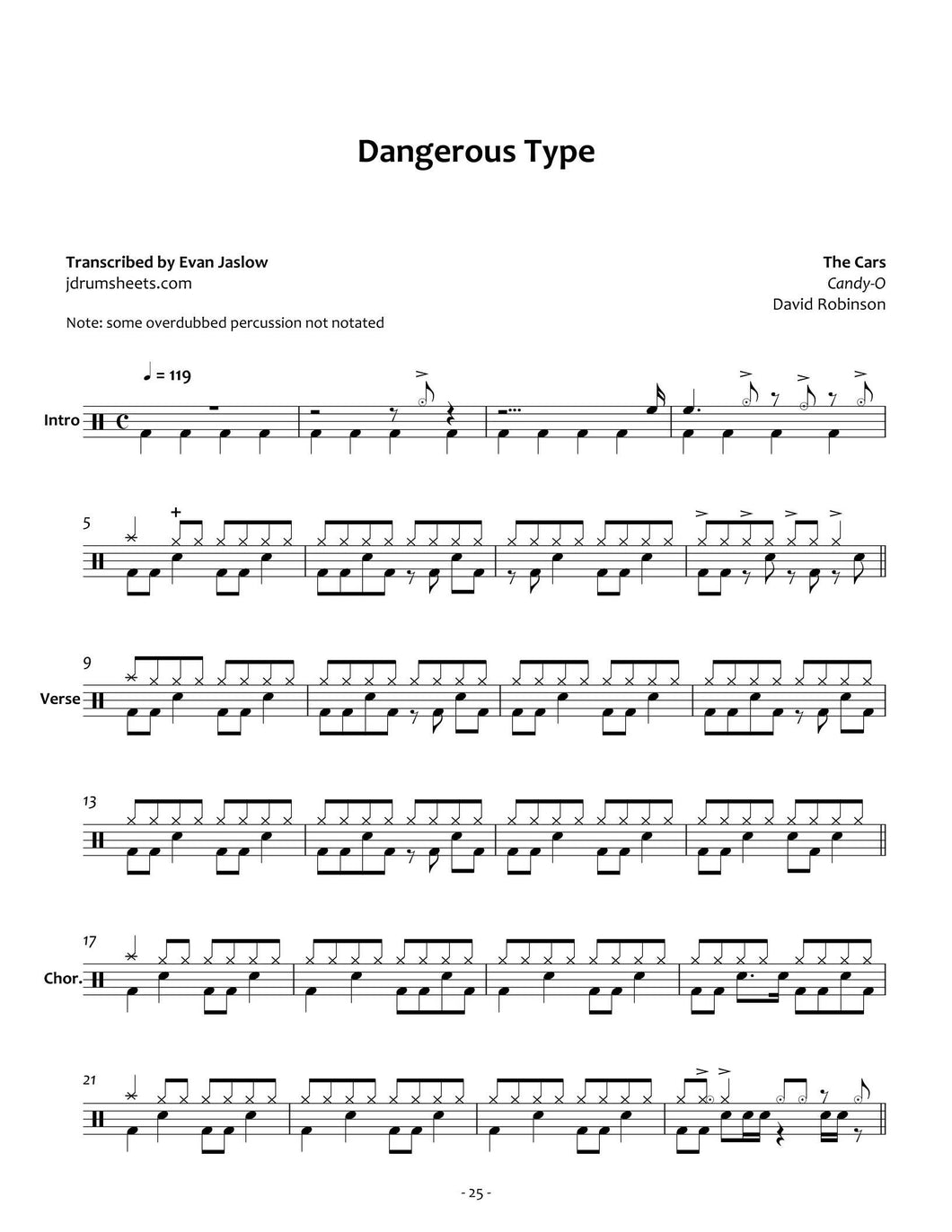 Dangerous Type - The Cars - Full Drum Transcription / Drum Sheet Music - Jaslow Drum Sheets