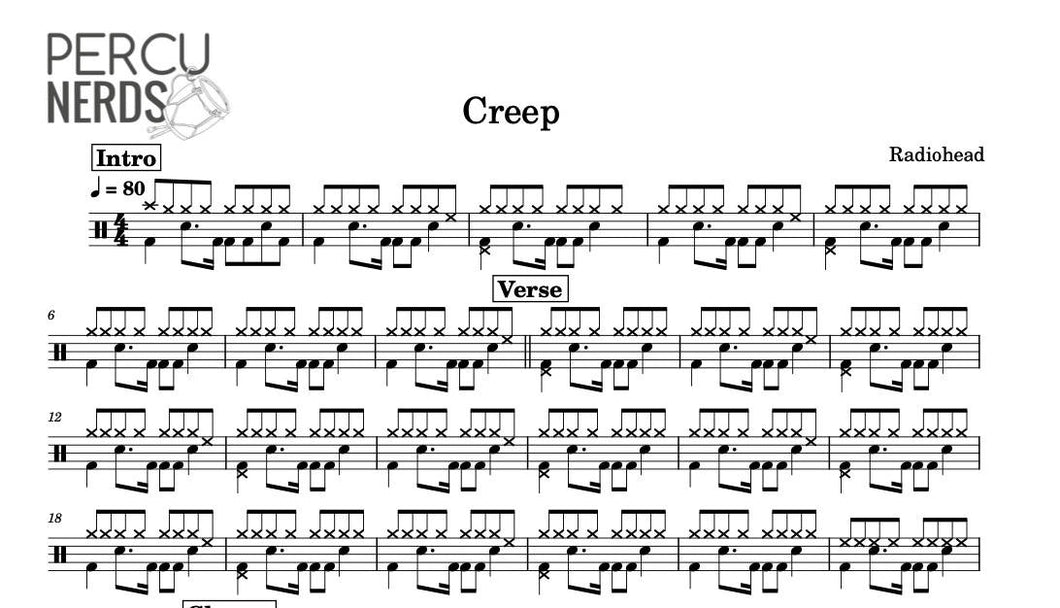 Creep - Radiohead - Full Drum Transcription / Drum Sheet Music - Percunerds Transcriptions