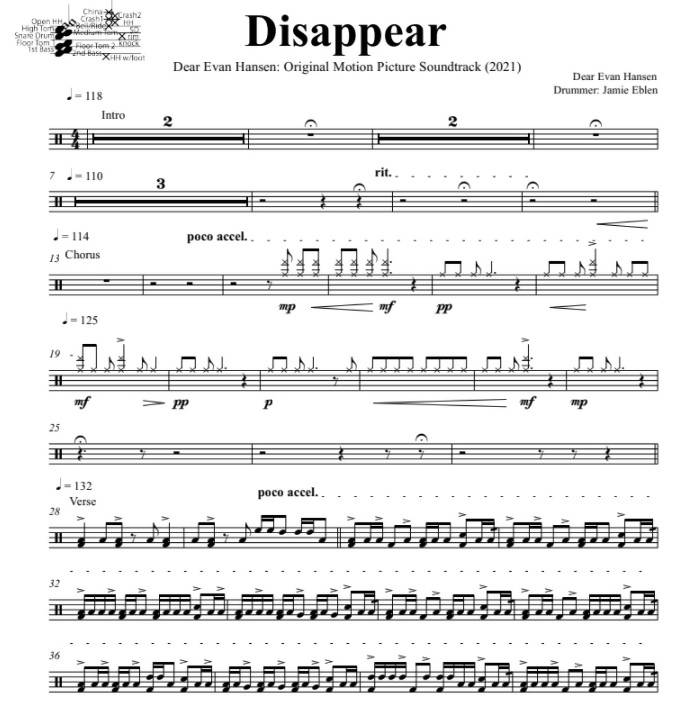 Disappear - Dear Evan Hansen (Original Broadway Cast) - Full Drum Transcription / Drum Sheet Music - DrumSetSheetMusic.com