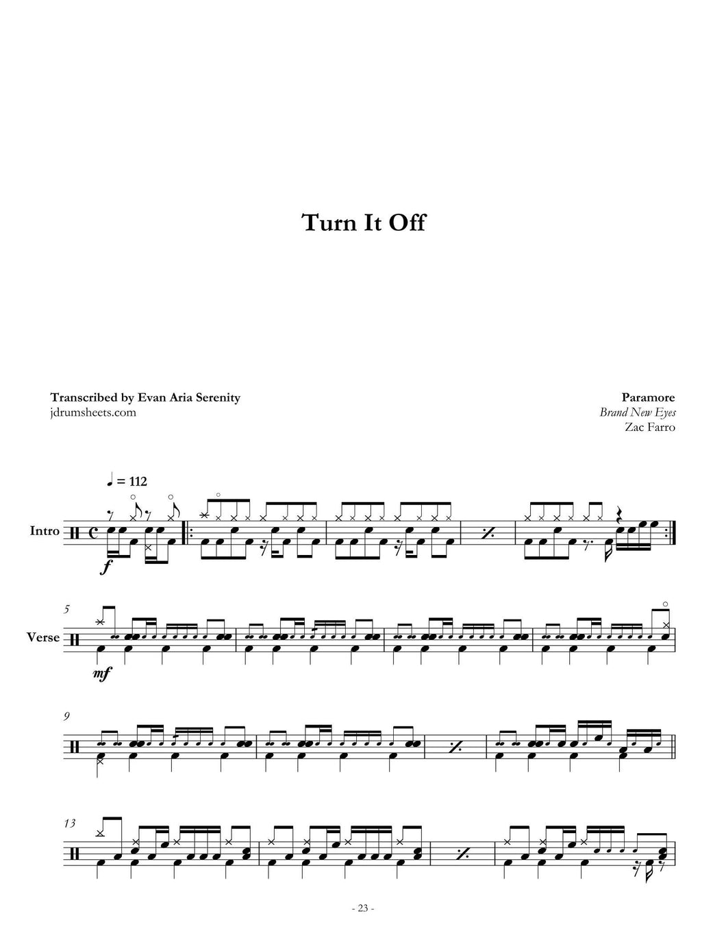 Turn It Off - Paramore - Full Drum Transcription / Drum Sheet Music - Jaslow Drum Sheets