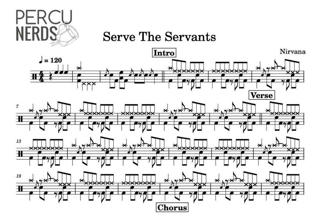 Serve the Servants - Nirvana - Full Drum Transcription / Drum Sheet Music - Percunerds Transcriptions